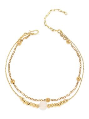 Gold Beaded Layered Anklet with White Stone Accent